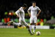 LONDON, ENGLAND - FEBRUARY 14: Gareth Bale of Spurs scores his team's match winning second goal from a free kick during the UEFA Europa League round of 32 first leg match between Tottenham Hotspur and Olympique Lyonnais at White Hart Lane
